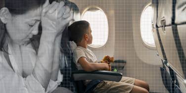 Little boy riding airplane by himself, worried mother 