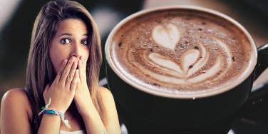 Woman with hands over her mouth with a coffee background 