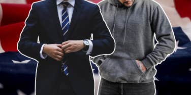 man wearing suit next to man wearing hoodie