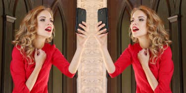 a double image of a woman singly focused on taking a selfie