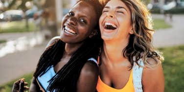 Two friend truly happy laughing together 