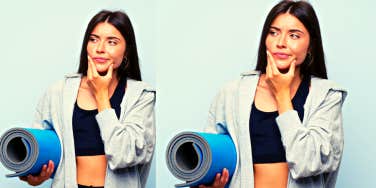 Young sport girl with mat over isolated blue background thinking an idea