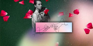 couple holding each other, rose petals falling and hands reaching out
