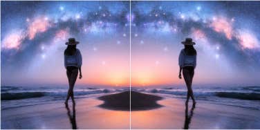 doubled image of a woman walking on a beach under a colorful galaxy sky