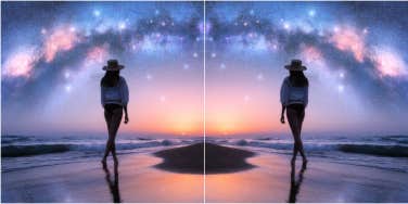 doubled image of a woman walking on a beach under a colorful galaxy sky