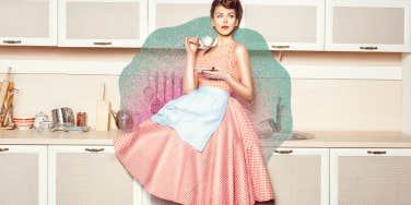 retro woman sitting on kitchen counter