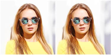 doubled image of a blonde woman wearing glasses and a yellow top