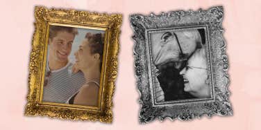 framed photos side by side of a couple through the years