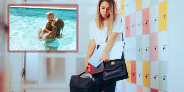 teacher struggling with her bags and at pool with toddler