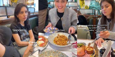 Three screenshots from Tik Tok showing two young women and their mother at a restaurant, with the young women laughing happily as they eat, and the mother looking on in shock.