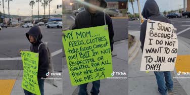 teen wears a sign on the street as punishment