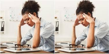 double image of tired woman at work