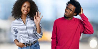 man confused by waving woman
