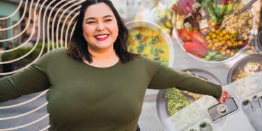 Happy plus size woman, with a wonderful relationship with food