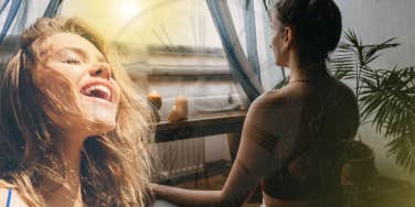 Woman meditating by her window