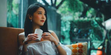 japanese woman sitting drinking tea