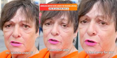 screenshots of homeless woman who gets scolded for wearing lipstick and taking showers