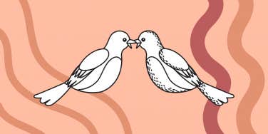 A drawing of two love birds kissing