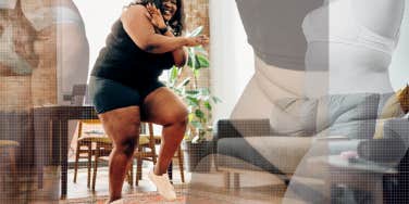 Women embracing their bodies, dancing in the living room with the most joy