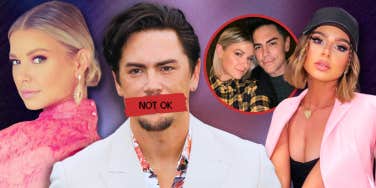 tom sandoval with red tape over mouth, ariana madix and raquel leviss behind him