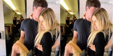 Andrea Shwarz carried onto airplane by her son, Gui