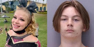 Tristyn Bailey at a cheer competition and Aiden Fucci after being arrested