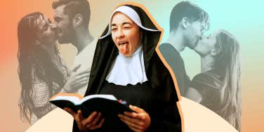 Nun winking and sticking tongue out, couples behind her 