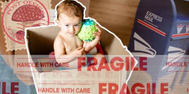 baby being wrapped up and sent through the mail to grandmas