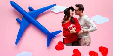 couple in front of a pink background with a blue airplane and red hearts