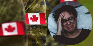 A photograph of a woman crying against a background of Canadian army uniforms.
