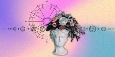 astrology planets, bust with flowers and birth chart
