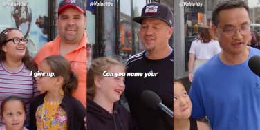 Fathers answering questions about their kids on the street