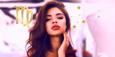 beautiful woman in between Virgo symbol and Virgo constellation