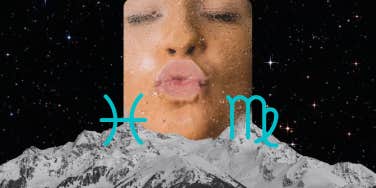 woman making kissing face, pisces and virgo glyphs