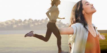 Woman running through desert, rejoicing in happiness