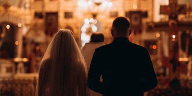 bride and groom in church