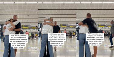 woman hugging sister and brother-in-law at airport