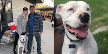 A photo of Casandra Lynn, Larry, and his dog junior next to a photo of Junior