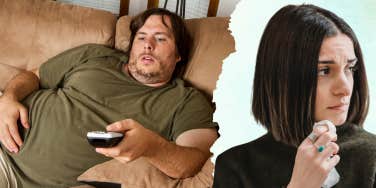 Obese man on couch, woman upset