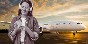 woman, plane, headphones 