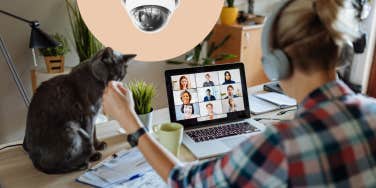 Woman working from home while on a work call with her camera on