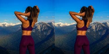 woman in yoga pants looking at mountains
