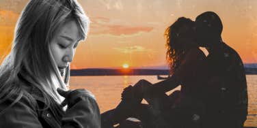 single woman looking down, silhouette of couple sitting on beach at sunset