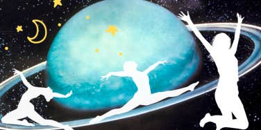 silhouettes jumping in outerspace