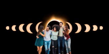 friends walking during an eclipse