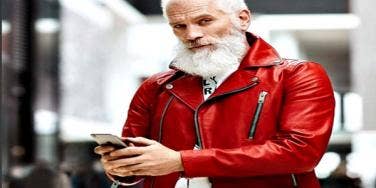 Fashion Santa in a red leather jacket.
