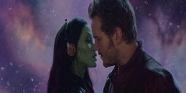 Zoe Saldana as Gamora and Chris Pratt as Star Lord of the Marvel "Guardians Of The Galaxy" movie, about to kiss and consummate their romance Zoe Saldana as Gamora and Chris Pratt as Star Lord of the Marvel "Guardians Of The Galaxy" movie, about to kiss and consummate their romance