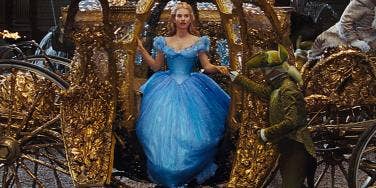 Lily James stepping out of the magic stagecoach in the Disney Cinderella movie trailer live action