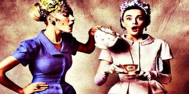 women dressed in vintage clothing holding tea women dressed in vintage clothing holding tea