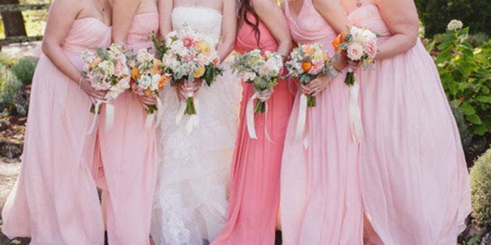 bridal party, bridesmaids, bride, bride and bridesmaids, bridesmaids dresses, pink bridesmaid dresses